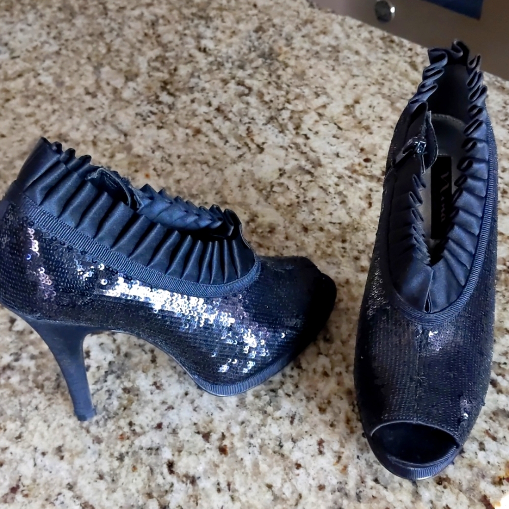 Black Sequin and Satin Nina 8.5 Heels